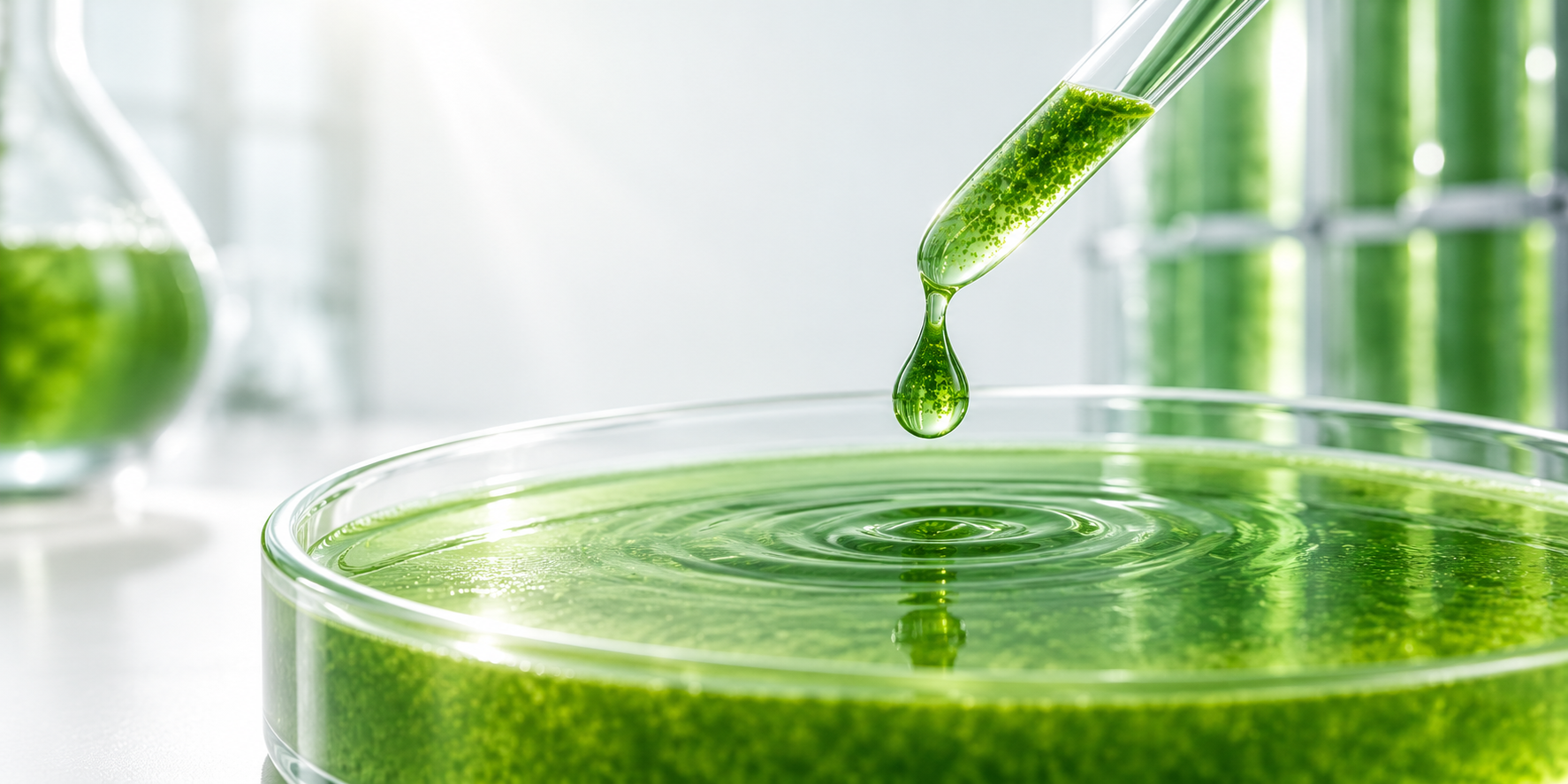 Goutte de culture verte de microalgues au-dessus d'une boîte de laboratoire